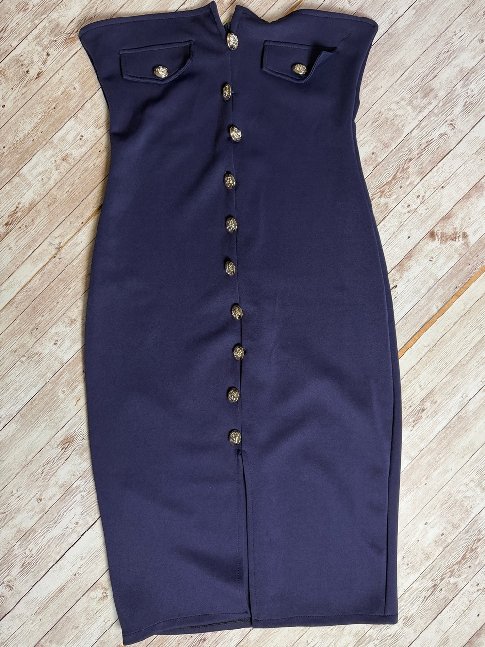 Strapless Navy Button-Front Sheath Dress